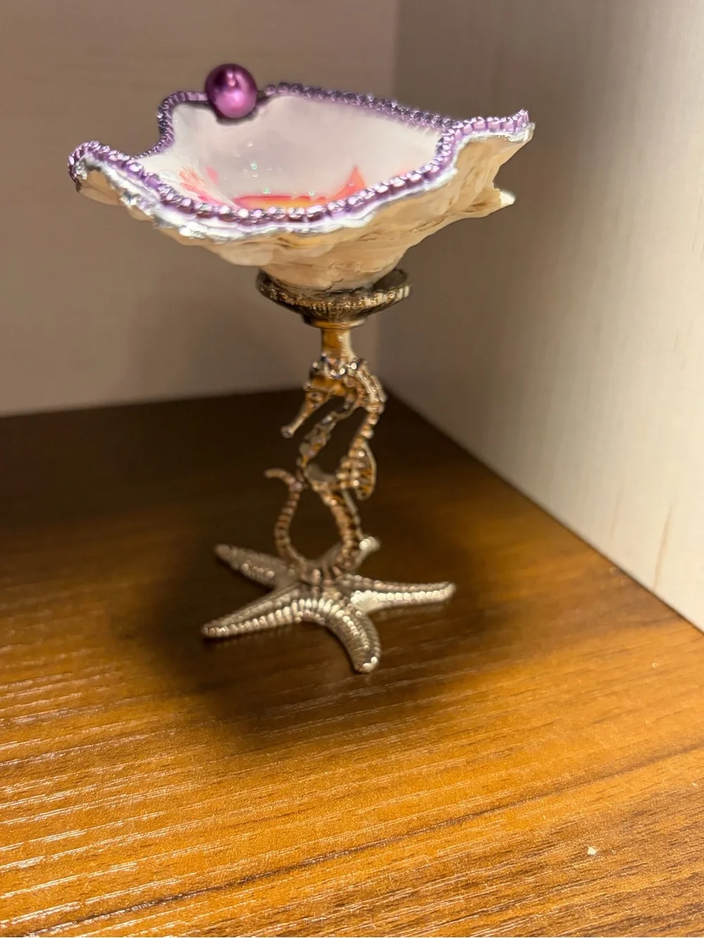 Handmade decoupage coral under the sea oyster shell trinket dish on stand